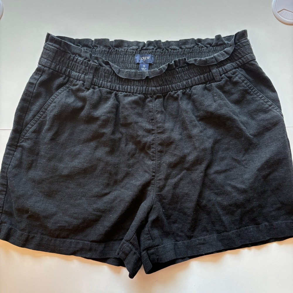 J. Crew Smocked Waist Linen Blend Shorts Ruffle‎ Elastic Black Size Small